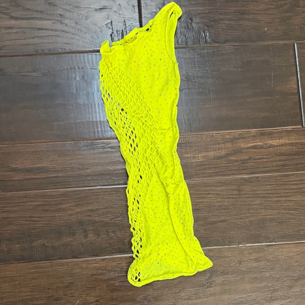 Yandy One Shoulder Dress w rhinestone beads neon yellow